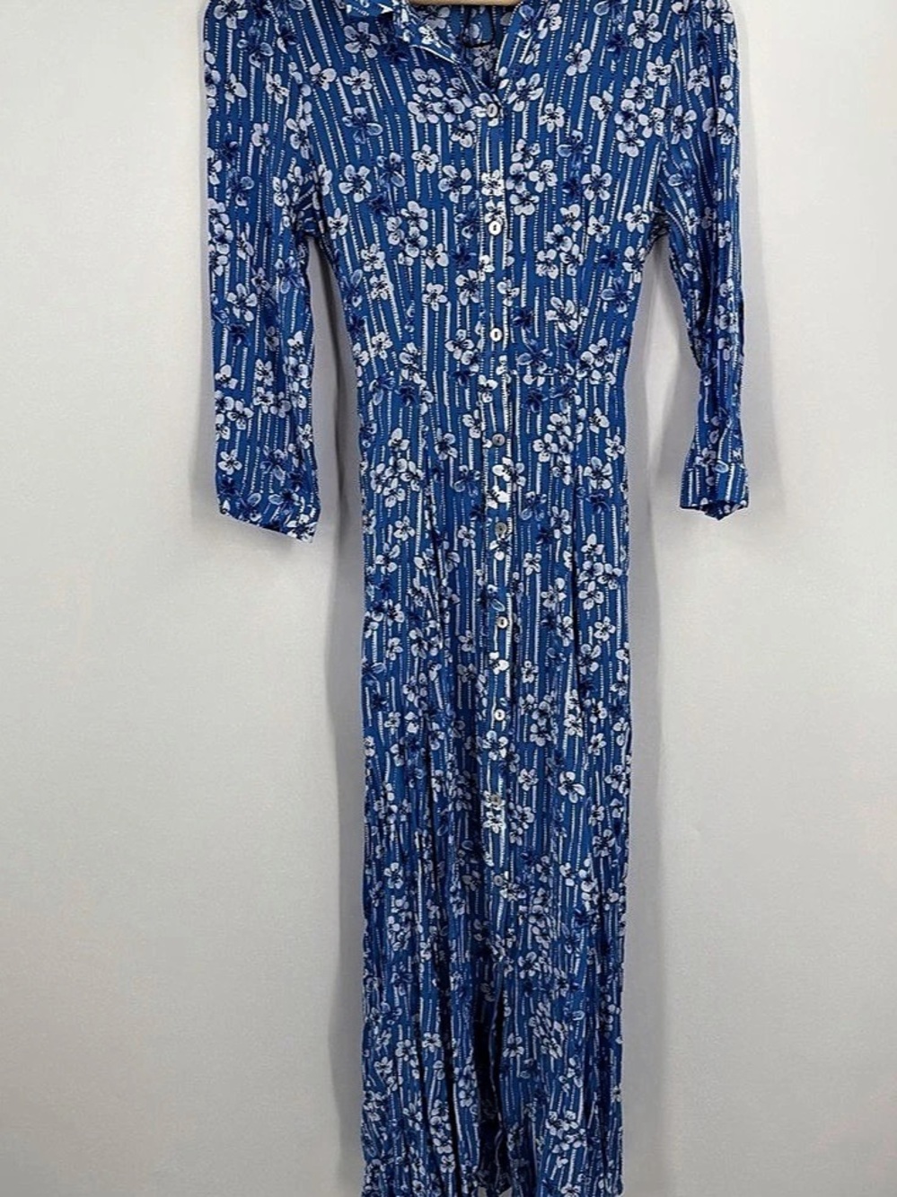 Zara Blue Floral Belted Midi Shirt Dress S cottagecore coastal
